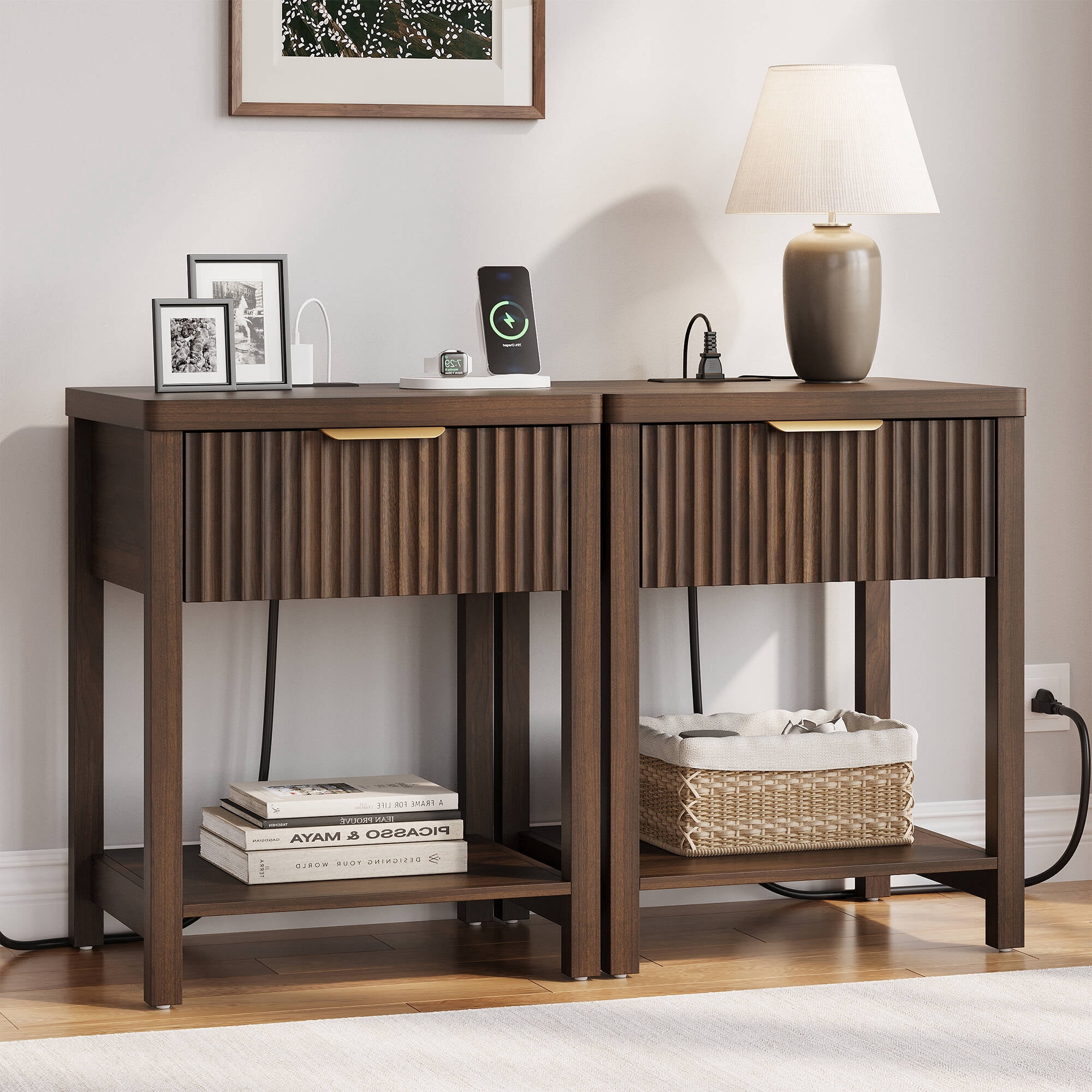 Laintene Fluted Nightstand Set of 2 - Modern Bedside Table with Drawer & Open Shelf, 2 AC Outlets + USB &Type-C for Bedroom & Living Room, Walnut