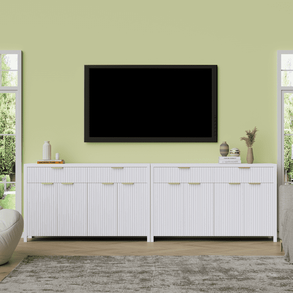 Laintene Fluted Sideboard, Storage Buffet Cabinet with Drawers, 55" TV Cabinet for Living Room with Adjustable Shelves, Wooden Accent Cabinet, White Set of 2
