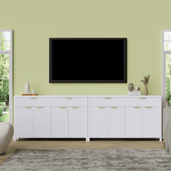 Laintene Fluted Sideboard, Storage Buffet Cabinet with Drawers, 55" TV Cabinet for Living Room with Adjustable Shelves, Wooden Accent Cabinet, White Set of 2