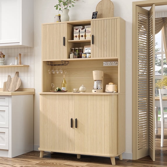 Laintene Kitchen Pantry Storage Cabinet with Charging Station, 71" Tall Bar Cabinet with Sliding Tambour Doors, Adjustable Shelves and Wine Rack for Kitchen Dining Living Room, Walnut