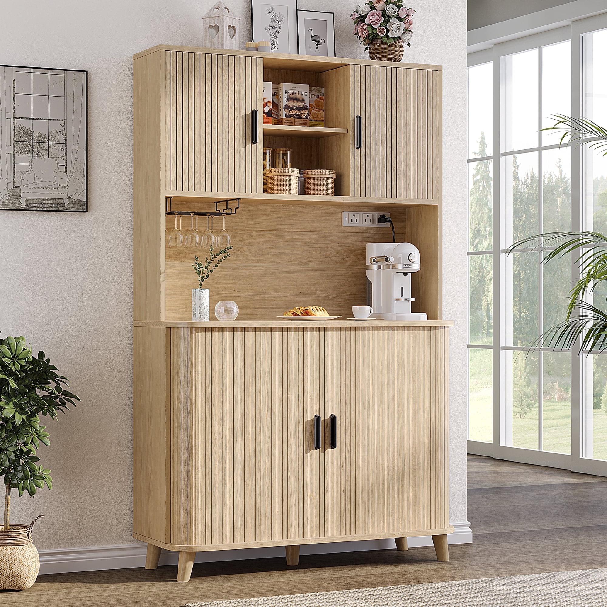 Laintene Tall Kitchen Pantry Storage Cabinet with Charging Station, 71" Hutch Cabinet with Adjustable Shelves, Sliding Tambour Doors and Wine Rack for Dining Living Room, Natural Oak
