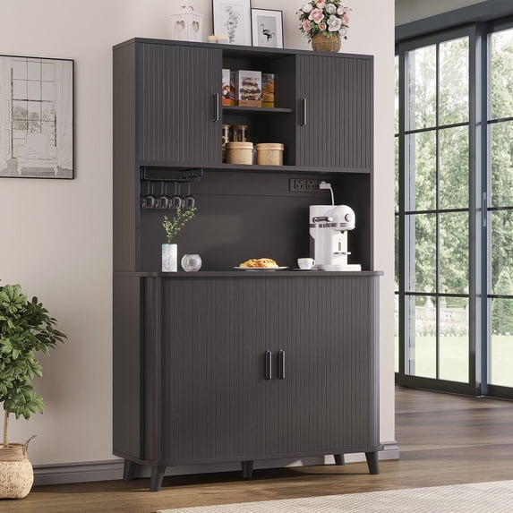 Laintene 39" W Kitchen Pantry Cabinet with Sliding Doors, Tall Storage Cabinet with Charging Station & Adjustable Shelves, Modern Bar Cabinet with Wine Rack for Dining Living Room, Black