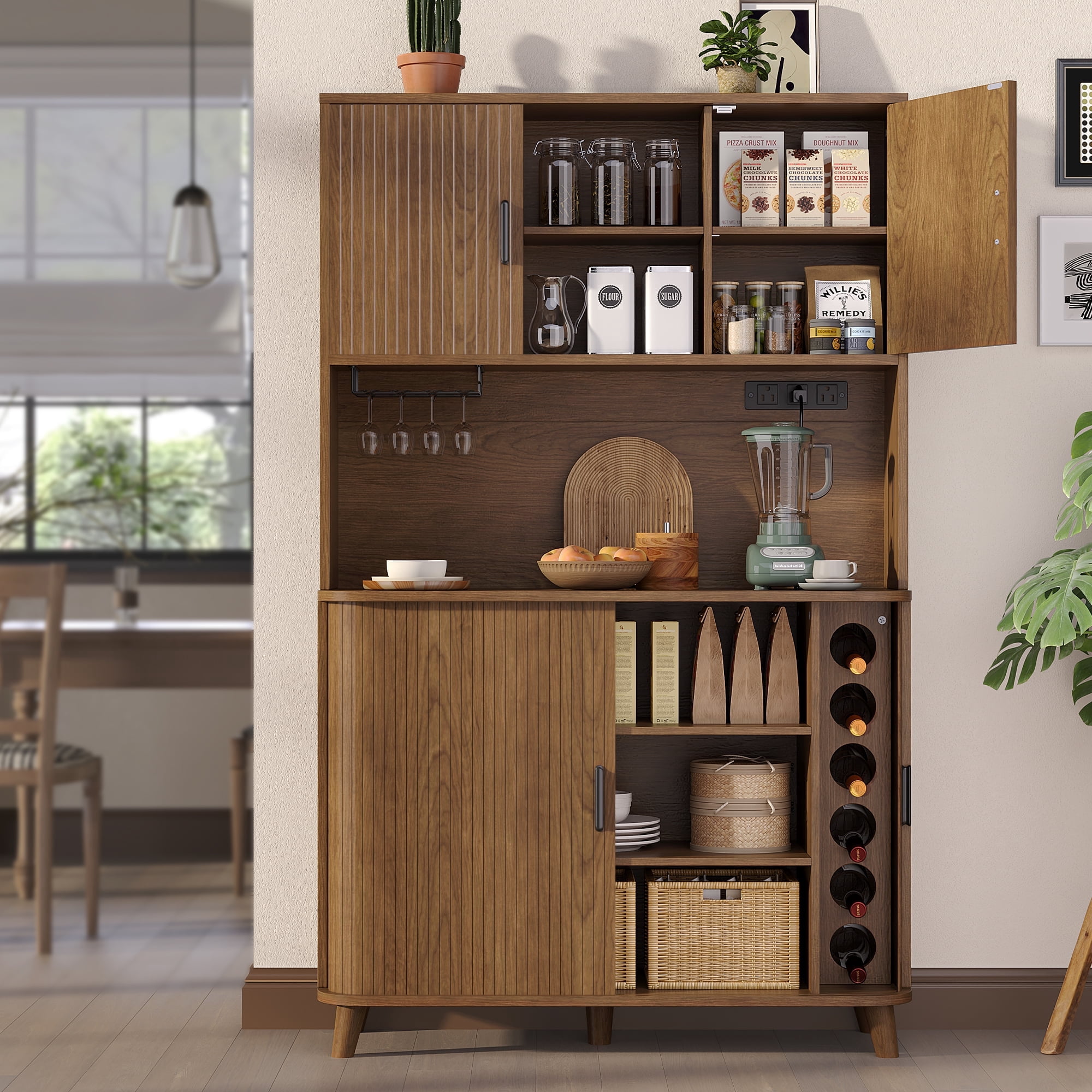 Laintene Pantry Storage Cabinet with Charging Station, 71" Kitchen Pantry Cabinet with 2 Sliding Tambour Doors, Tall Bar Cabinet with Wine Rack, Adjustable Shelves, Walnut