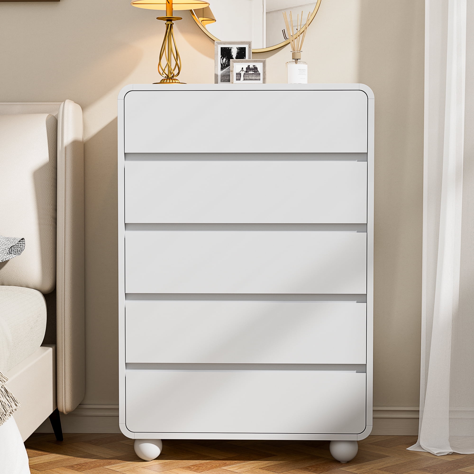 Laintene Tall Dresser 5 Drawer, Modern Wood Dresser for Bedroom, 41" Fluted Chest of Drawers with Curved Profile Design, White