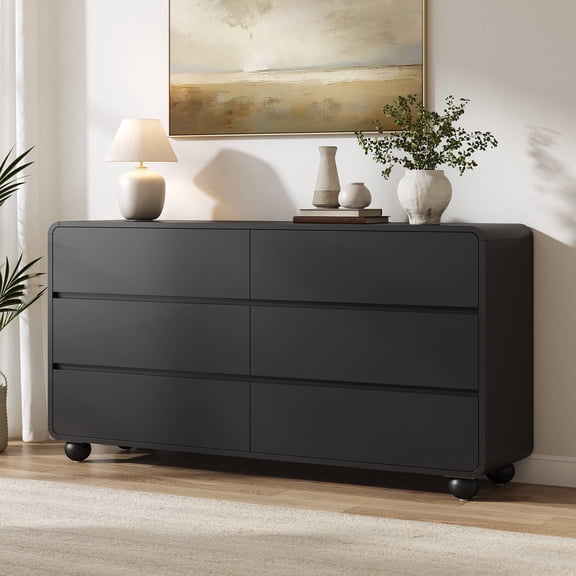 Laintene Black Dresser for Bedroom, 53" Wide Modern 6 Drawer Dresser, Large Curved Chest of Drawers & Storage Organizer, Wooden Bedroom Dresser for Living Room