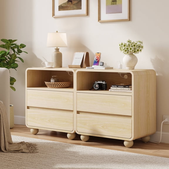 Laintene Modern Nightstand Set of 2, 23.6" Wide Large Bedside Table with 2 Drawers & Charging Station, Curved Wooden End Table for Bedroom Living Room, Natural