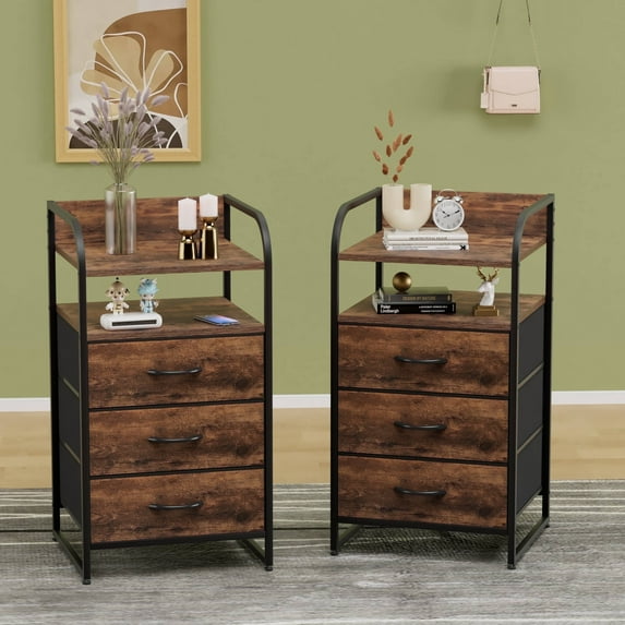 Laintene Nightstand Set of 2, 3 Drawer Night Stand with 2 Shelves, Fabric Bedside Table, Tall End Side Tables Living Room, Brown