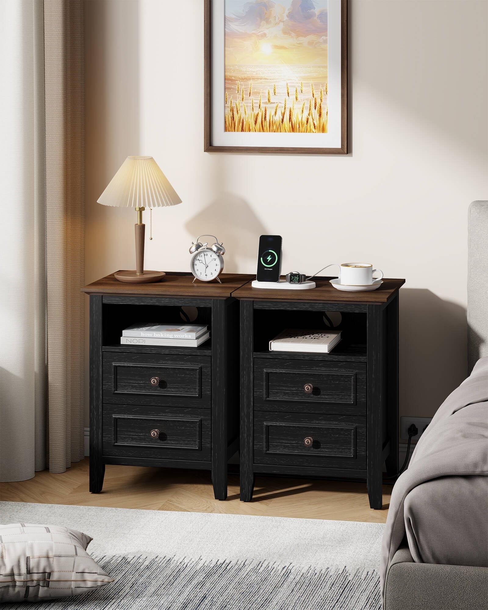 LainTene Farmhouse Nightstand Set of 2, Rustic Sofa Side Table with USB & AC Outlets for Bedroom, End Tables with 2 Drawers for Living Room, Oak Black