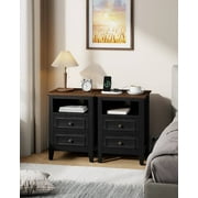LainTene Farmhouse Nightstand Set of 2, Rustic Sofa Side Table with USB & AC Outlets for Bedroom, End Tables with 2 Drawers for Living Room, Oak Black