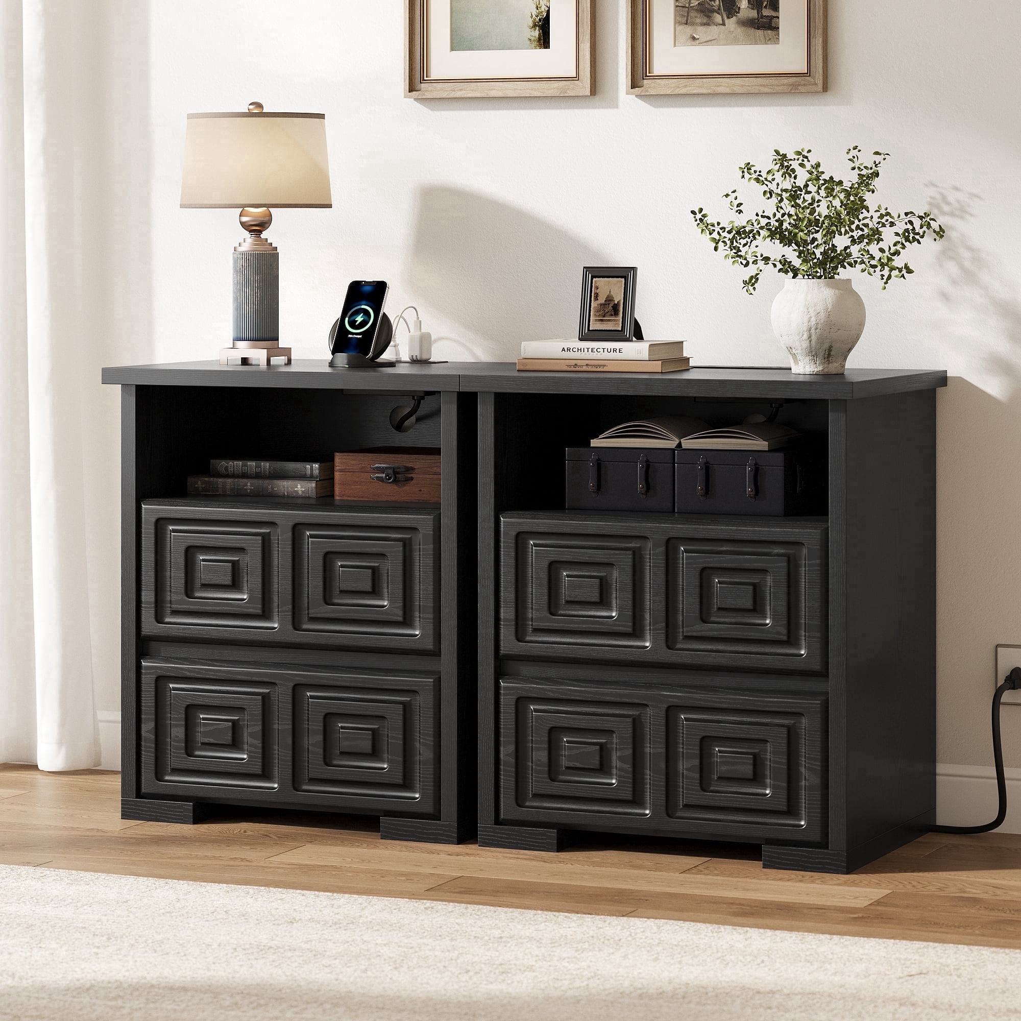 Laintene Nightstand Set of 2, Farmhouse Bedside Tables with Charging Station, Wood Nightstands with Open Shelf for Bedroom or Living Room, Black