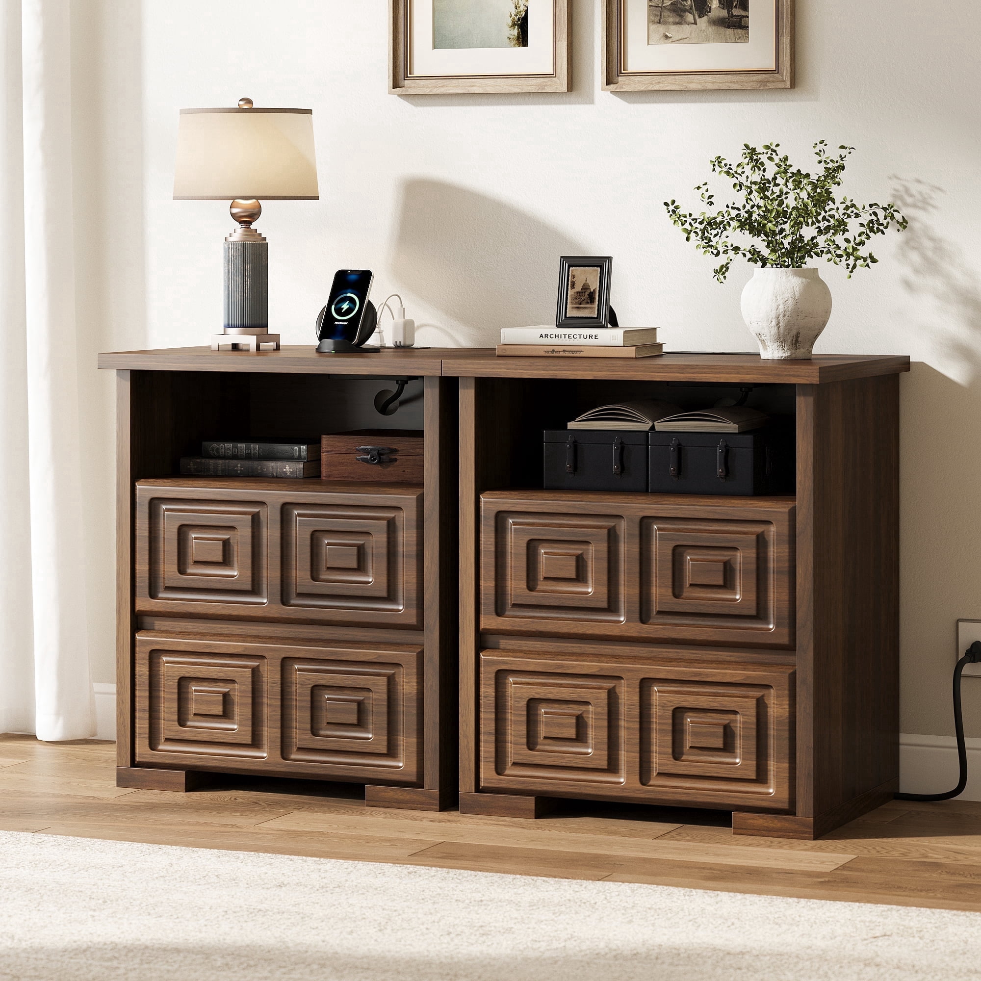 Laintene Nightstand Set of 2, Farmhouse Bedside Tables with Charging Station, Wood Nightstands with Open Shelf for Bedroom or Living Room, Walnut