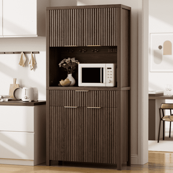 Laintene Kitchen Pantry Cabinet with Charging Station, 71" Tall Pantry Storage with Adjustable Shelves, Fluted Storage Cabinet with Open Countertop and Drawer for Dining Living Room, Walnut