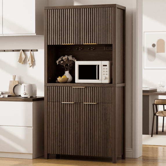 Laintene Pantry Cabinet with Charging Station, 71" Tall Kitchen Pantry with Adjustable Shelves, Fluted Storage Cabinet with Open Countertop and Drawer for Dining Living Room, Walnut