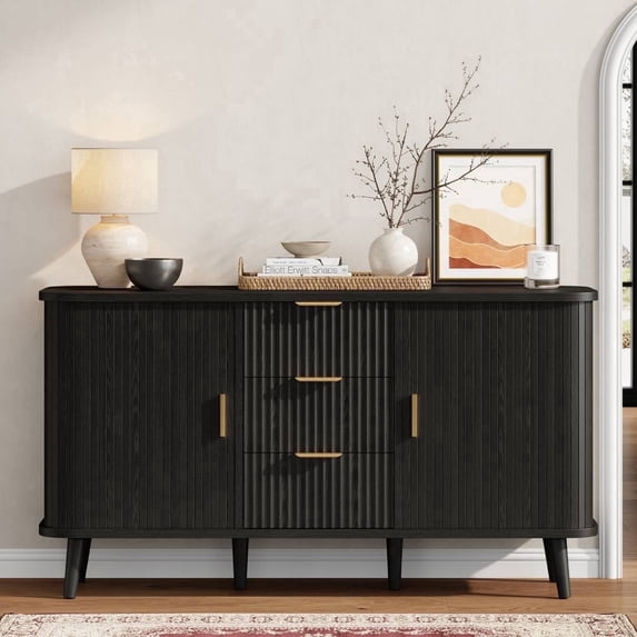 Laintene Fluted Sideboard with 3 Drawers, 55" Buffet Cabinet with Storage, Sliding Tambour Doors & 2 Adjustable Shelves, Modern Storage Accent Cabinet for Kitchen, Living Room, Hallway, Black