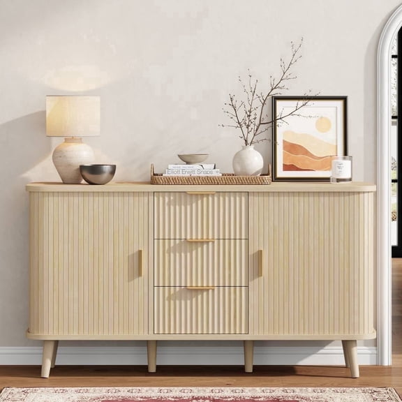 Laintene 55" Sideboard Buffet Cabinet with 3 Drawers, Sliding Tambour Doors & Adjustable Shelves, Modern Fluted Storage Cabinet for Kitchen, Living Room, Hallway, Natural Oak