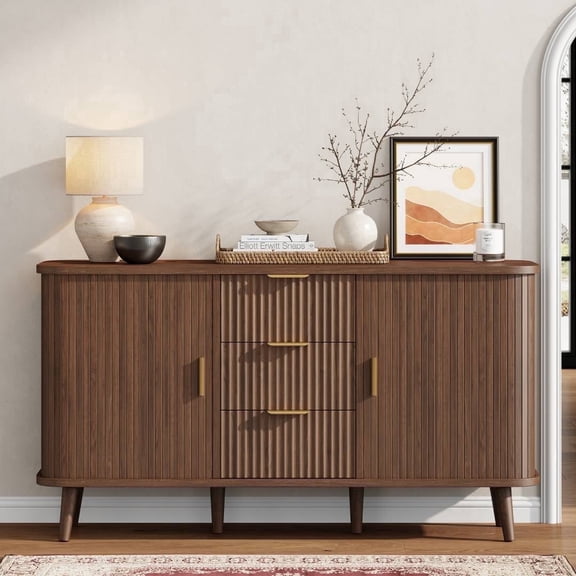 Laintene Sideboard with 3 Drawers, 55" Buffet Cabinet with Storage, Sliding Tambour Doors & 2 Adjustable Shelves, Mid Century Accent Storage Cabinet for Kitchen, Living Room, Hallway, Walnut
