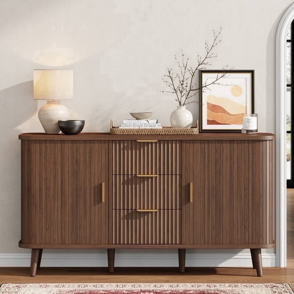 Laintene Sideboard with 3 Drawers, 55" Buffet Cabinet with Storage, Sliding Tambour Doors & 2 Adjustable Shelves, Modern Mid Century Accent Storage Cabinet for Kitchen, Living Room, Hallway, Walnut