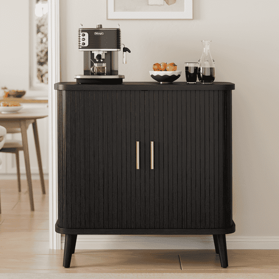 Laintene Buffet Cabinet with Storage, 31" Kitchen Sideboard with 2 Sliding Tambour Doors, Fluted Storage Cabinet with Adjustable Shelves, Entryway Cabinet for Living Room, Black