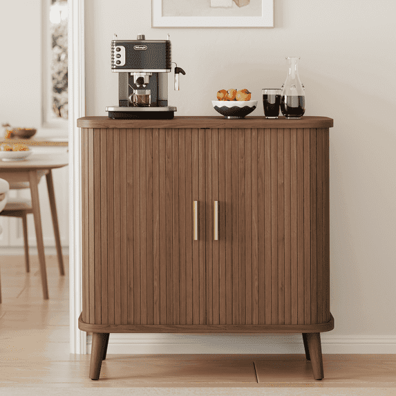 Laintene Sideboard with Storage, Modern Buffet Cabinet with 2 Sliding Tambour Doors, Fluted Storage Cabinet with Adjustable Shelves, Accent Cabinet for Living Room, Walnut