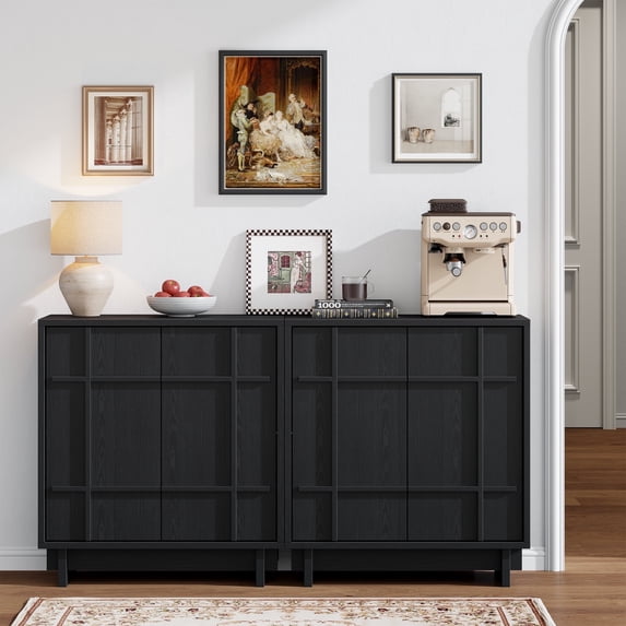 Laintene Modern Sideboard Buffet Cabinet with Adjustable Shelves, Skeletal Design Wood Accent Cabinet, Black Set of 2