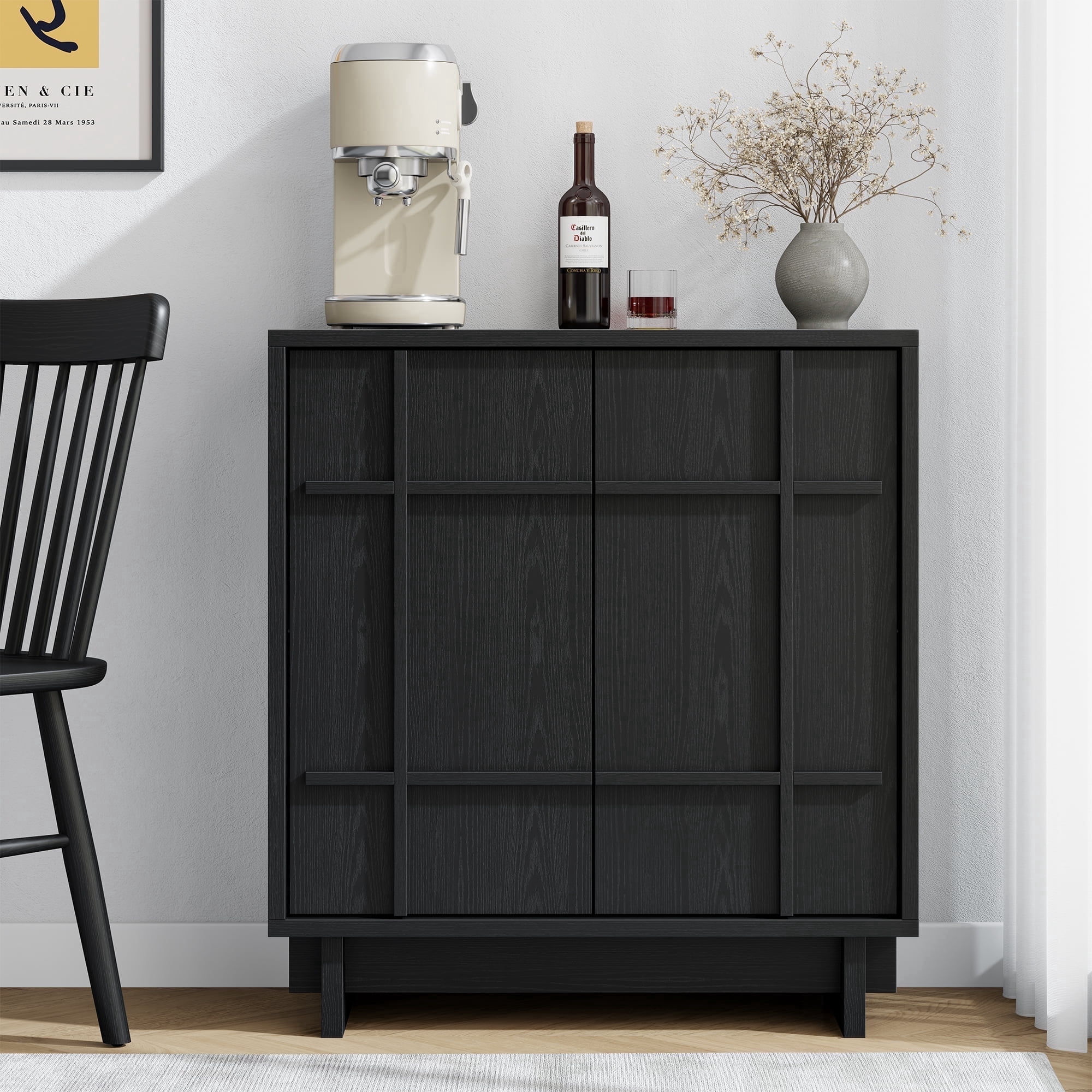 Laintene Sideboard Buffet Cabinet with Storage, 31" Storage Cabinet with Lines Panel Doors, Adjustable Shelf for Kitchen Dining Room, Wood Accent Cabinet for Living Room, Black