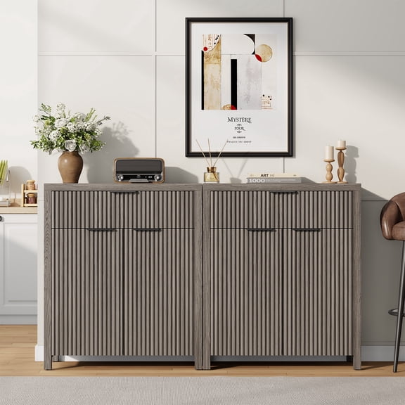 Laintene Sideboard Storage Cabinet, Fluted Buffet Cabinet with Adjustable Shelf and Drawer for Dining Living Room, Entryway, Gray Oak Set of 2