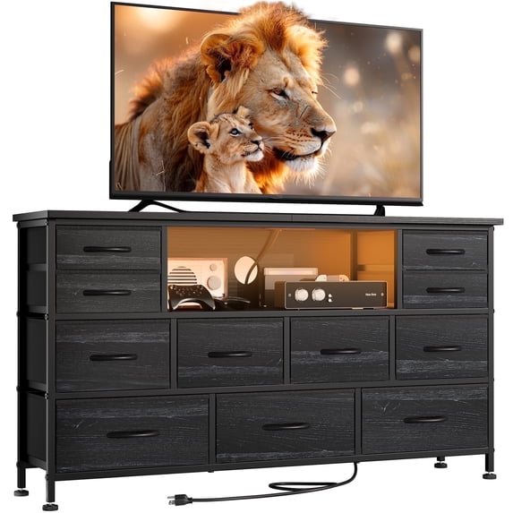 Laintene TV Stand Dresser for 60" TV, Long Dressers for Bedroom with LED and Power Outlet, Fabric Chest TV Stands for Living Room, Black
