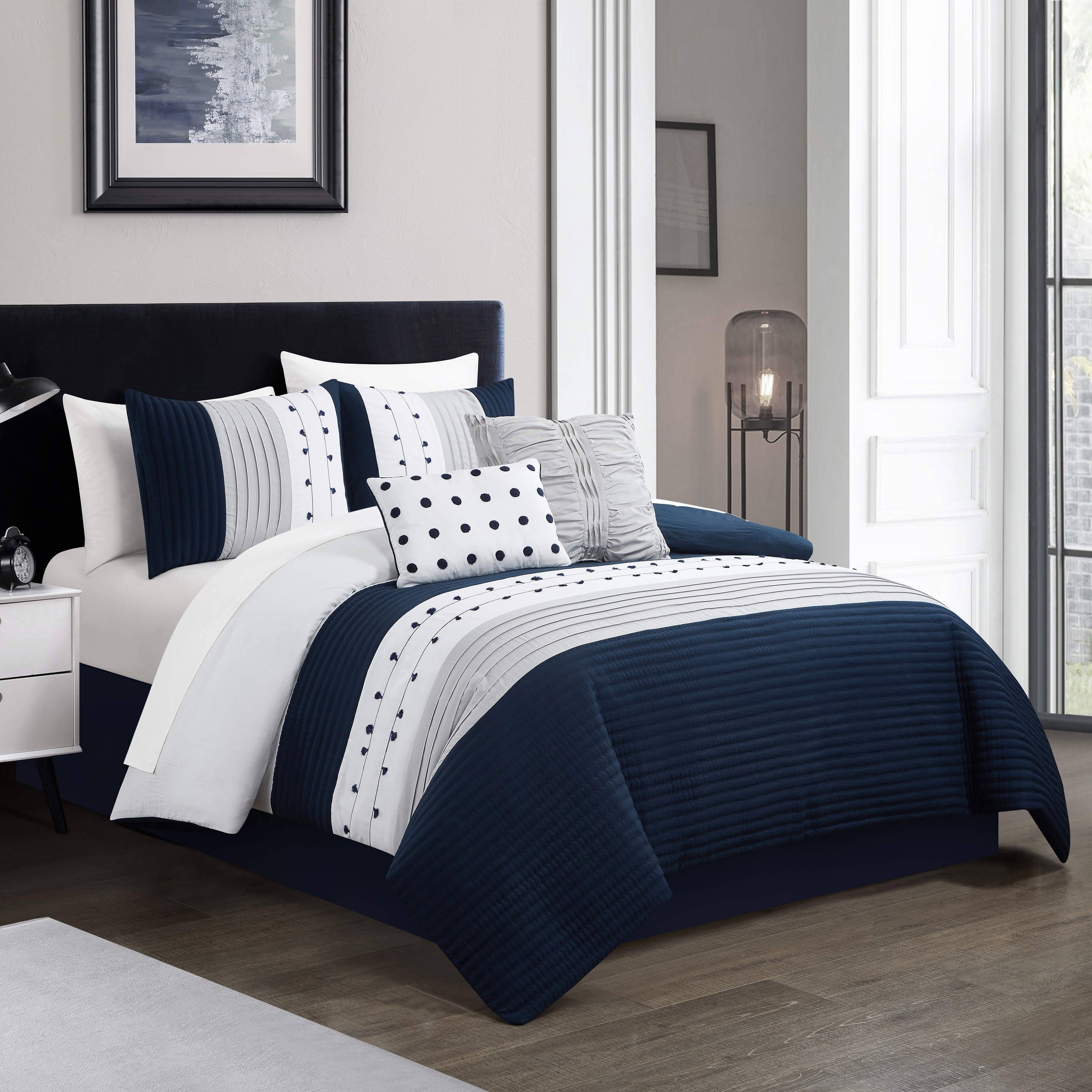 Lainy 5 Piece Comforter Set Color Block Pleated Ribbed Embroidered ...