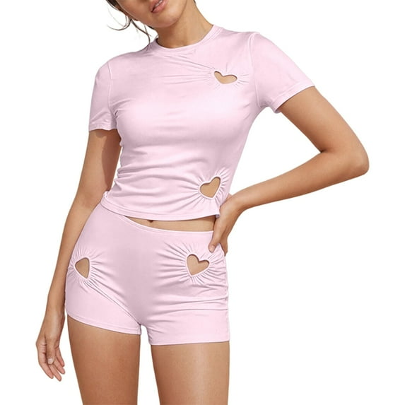 Laipiong 2 Piece Shorts Sets for Women Summer Fashion Sleeveless Cropped Tank Top with Heart Cutout Detail Casual Solid Outfits casual short sets for women vacation