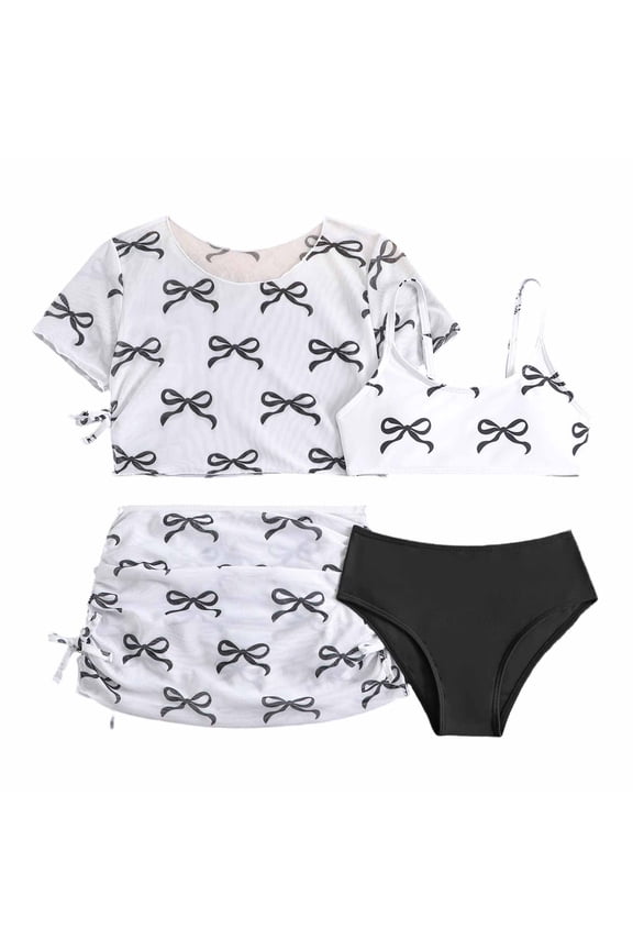 2 Piece Swimsuits for Girls Summer Stylish Bow Printed Short Sleeve Bathing Suits with Shorts Beach Sun Vacation Swimwear