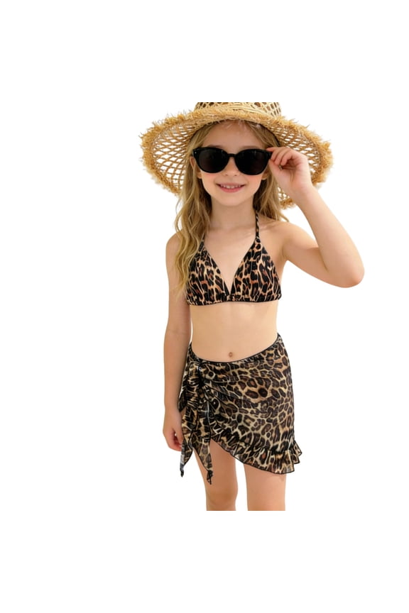 2 Piece Swimwear for Girls Summer Trendy Cute Leopard Print Ruffle Top and High Waist Bottom Bikini Sets Hawaiian Beach Vacation Swimsuits