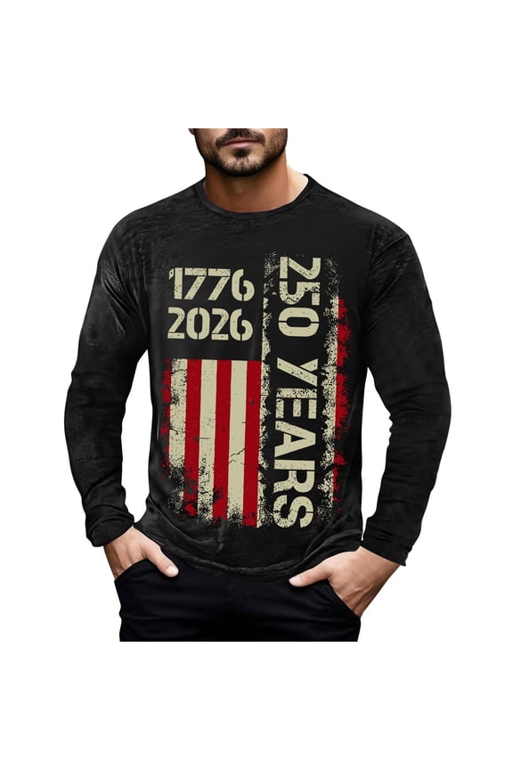 4th of July Shirts for Men Patriotic American Flag Anniversary Graphic Long Sleeve Crewneck Tee Tops Summer Outfits Vacation Clothes