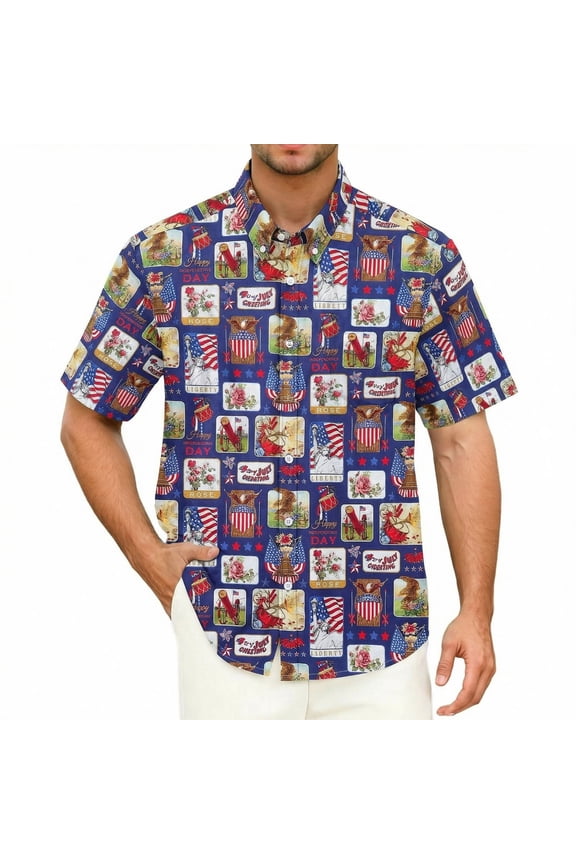 American Eagle Hawaiian Shirt Men USA 250 Years Floral Print Short Sleeve Button Down for 4th of July Casual Patriotic Wear