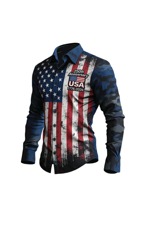 American Eagle Print Shirt Men USA 250 Years Long Sleeve Button Down American Flag Patriotic Independence Day Wear