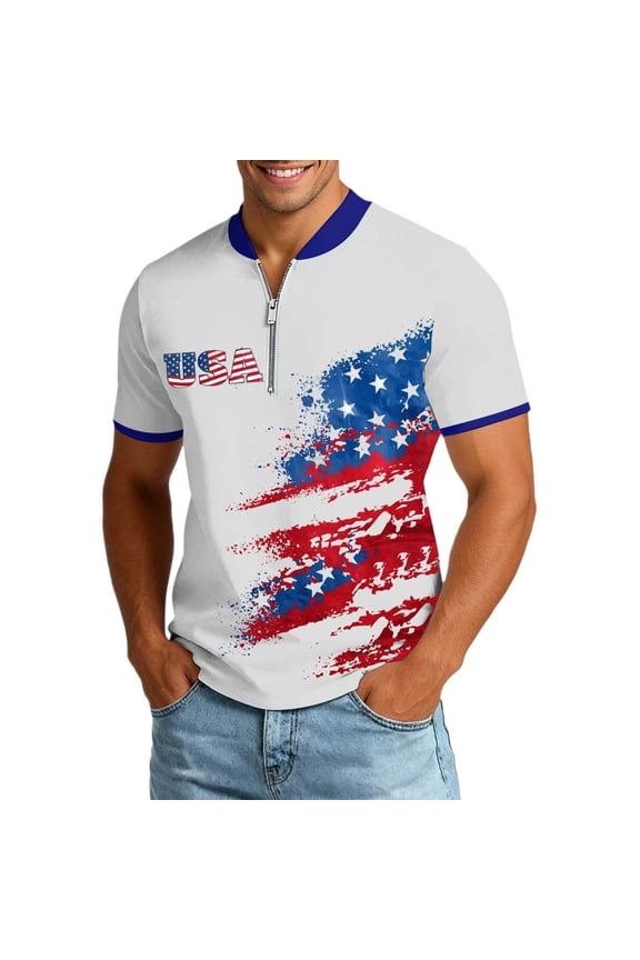 American Flag Shirts for Men USA Patriotic 4th of July Graphic Print Half Zip V-Neck Short Sleeved Tops Work 2026 Spring Trendy Outfits