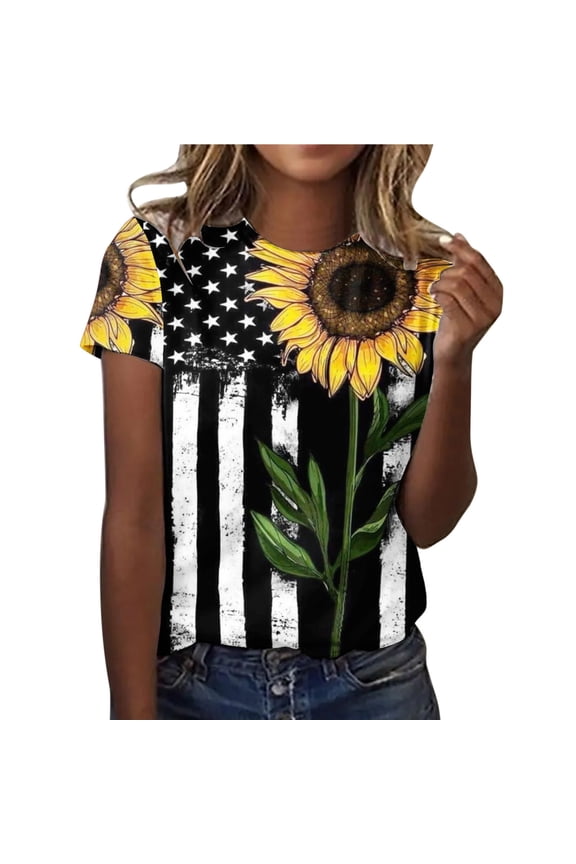 American Flag Shirts for Women 4th of July Flower Printed Crew Neck Short Sleeve Tees Loose Side Split Tunic Cute Gym Workout Clothes