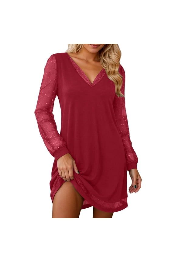 Dresses for Women 2026 Elegant Sparkly Mesh Long Sleeve Collar Fashion Patchwork Mini Dress Summer Lightweight Party Wear Clothes