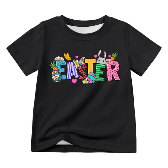 Laipiong Easter Shirts for Kids Boys Girls 2026 Funny Rabbit Egg Letter Graphic Short Sleeve Tops Trendy Casual Round Neck Classic Fit Tees