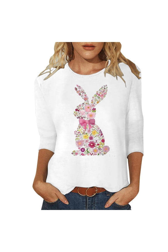 Easter Shirts for Women Fashion Cute Bunny Print 3/4 Length Sleeve Round Neck Tunic Tops Soft Breathable Basic Holiday Going Out Clothes