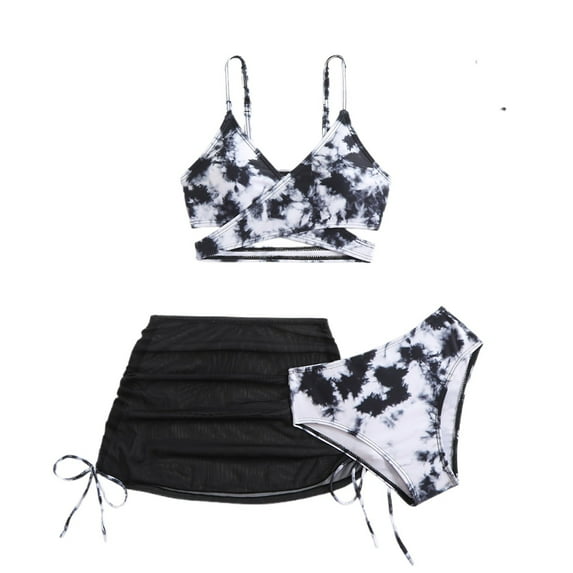 Laipiong Girl's 3 Piece Swimsuits 2026 Summer Beach Novelty Printed Criss Cross Bathing Suit with Cover Up High Waisted Beach Bikini Sets