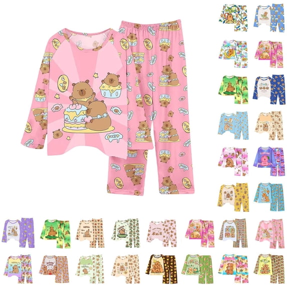 Laipiong Girls' 2 Piece Outfits Toddler Kids Cute Animal Printed Long Sleeve Shirts and Wide Leg Pants Pajama Sets Soft Comfy Sleepwear