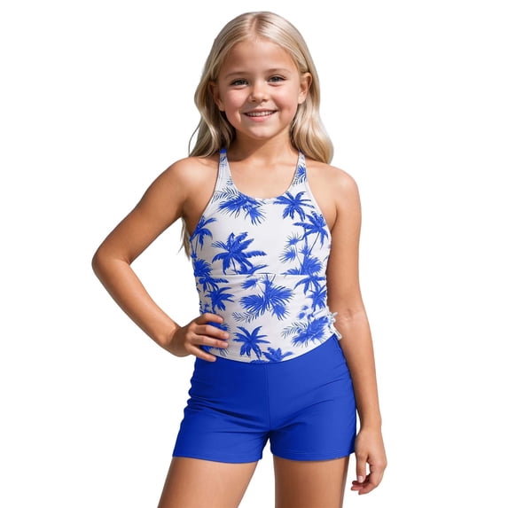 Laipiong Girls 2 Piece Swimsuits for Kids Summer Tropical Palm Tree Print UPF 50 Sun Rash Guard and Swim Shorts Bathing Suits for Beach Pool