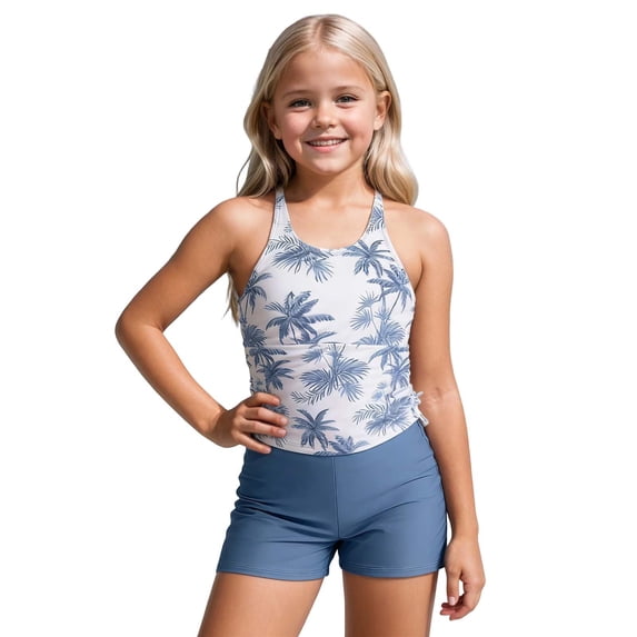 Laipiong Girls 2 Piece Swimsuits for Kids Summer Tropical Palm Tree Print UPF 50 Sun Rash Guard and Swim Shorts Bathing Suits for Beach Pool