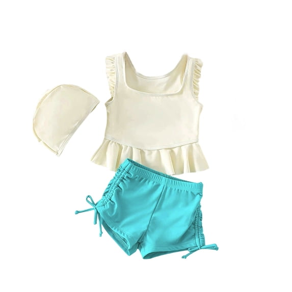 Laipiong Girls 3 Piece Swimwear with Hat Summer Tropical Floral Print Ruffle Trim Tankini Top with Swim Shorts Comfortable Bathing Suits