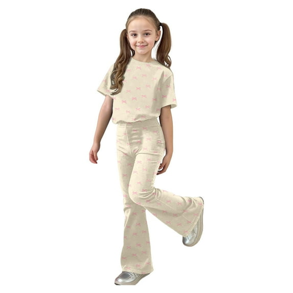 Laipiong Girls Casual Fashion Outfits 2 Piece Bow Short Sleeve Top And Long Pants Comfy Trendy Casual Playwear Beige 9-10