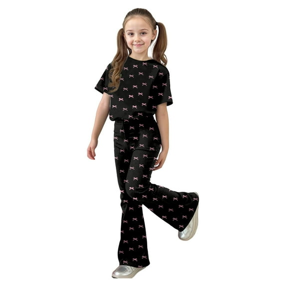 Laipiong Girls Casual Fashion Outfits 2 Piece Bow Short Sleeve Top And Long Pants Comfy Trendy Casual Playwear Black 9-10