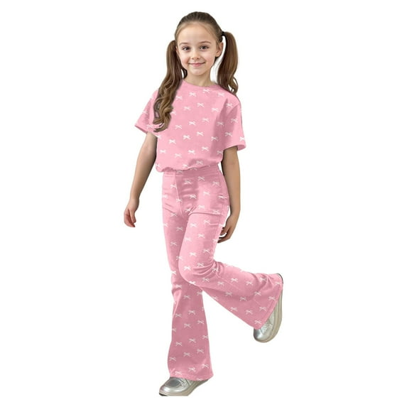 Laipiong Girls Casual Fashion Outfits 2 Piece Bow Short Sleeve Top And Long Pants Comfy Trendy Casual Playwear Pink 7-8