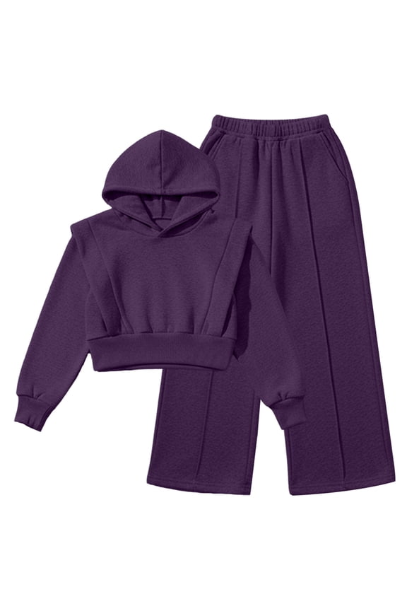 Girls Casual Hooded Jacket And Straight Leg Pants Outfit For And Fall Seasons Comfortable Two Piece Coordinated Loungewear Purple 9-10