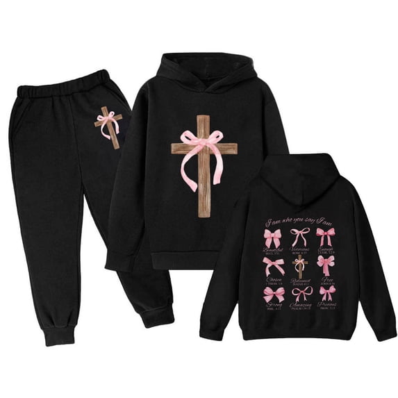Laipiong Girls Casual Hoodie And Joggers Soft Loose Fit Two Piece Outfit For Toddler And Kids Playwear Black 3-4
