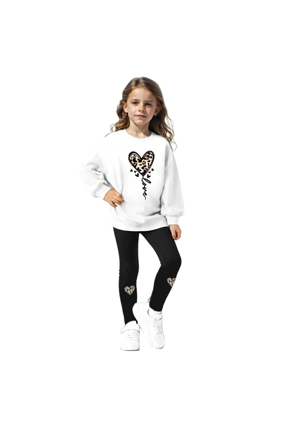 Girls Casual Outfits Long Sleeved Hooded Leopard Printed Hearts Graphic Sweatshirt With Fitted Leggings Comfy Two Piece Playwear White 7-8